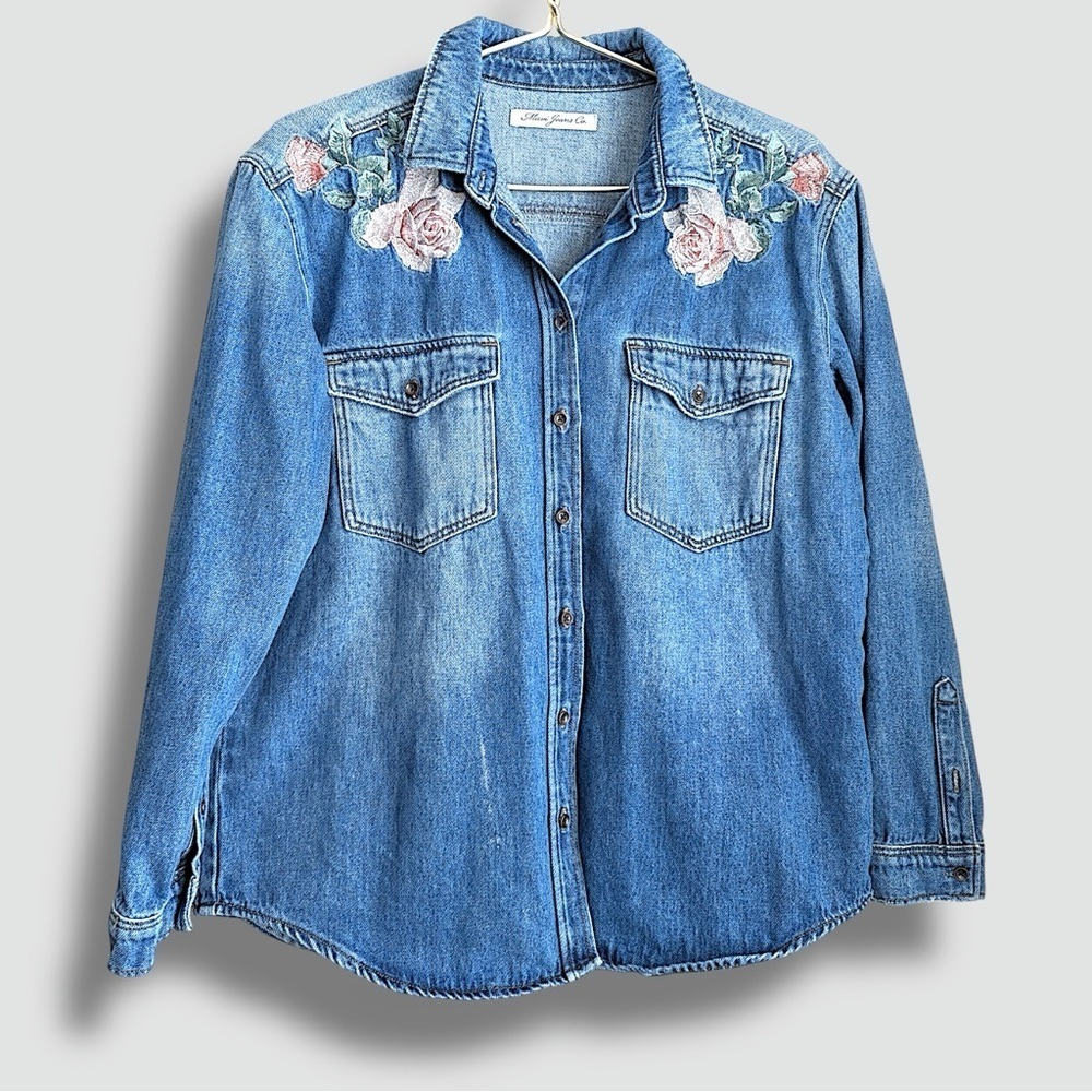 Mavi Blue Denim Shirt Jacket with Pink & Green Floral Embroidery